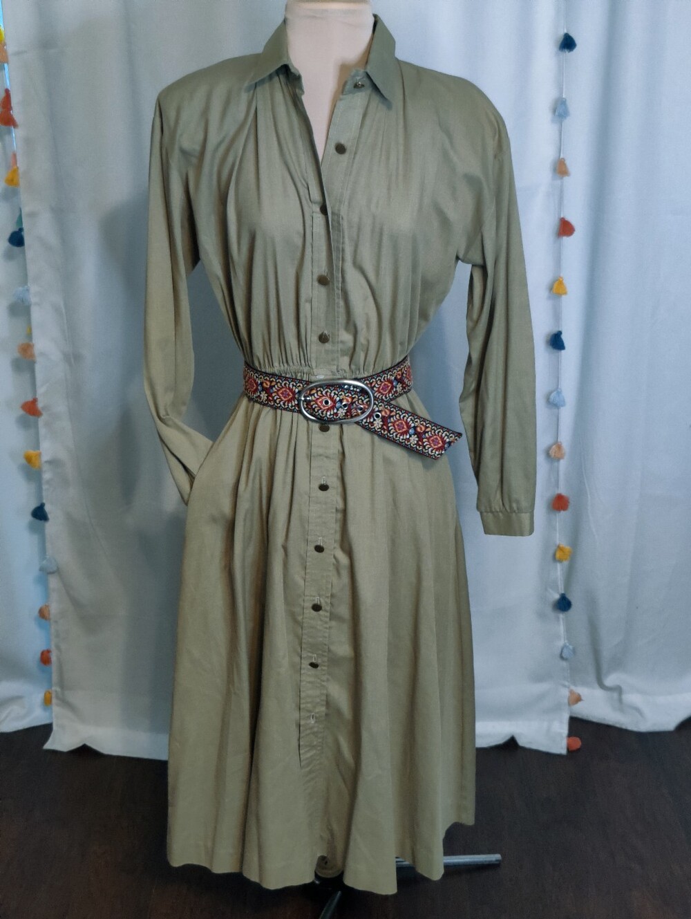 Vintage 80s Iconic full button front Khaki Shirt Dress Full Skirt Pockets SM